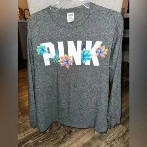 Pink Victorias Secret Women Top Medium Gray Shirt Floral Embroidered Long Sleeve
